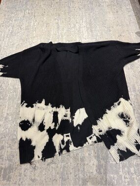 Distressed Black and Cream Open-Front Knit Cardigan
